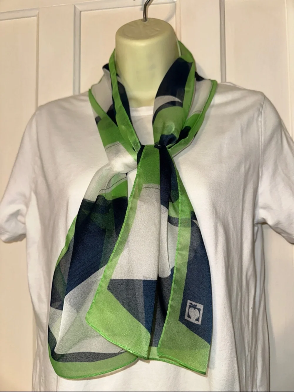 Vintage Green, Navy Blue & White Geometric Pattern Polyester‎ Long Scarf